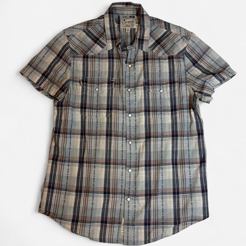 lucky brand Blue plaid pearl snap short sleeve medium button-up shirt